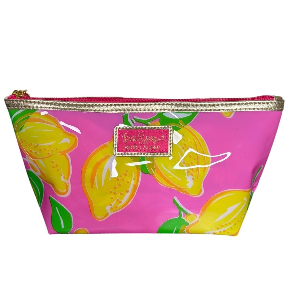 NEW Lilly Pulitzer Pink Lemon Print Cosmetic Bag Gold Trim Women OS